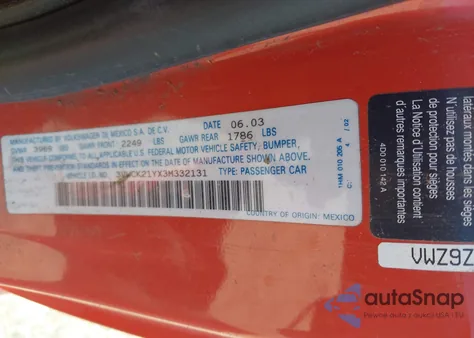 2003 Volkswagen New Beetle Gls z USA, uszkodzony, nr VIN 3VWCK21YX3M332131